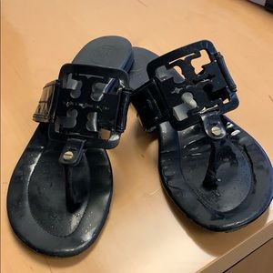 Tory Burch Square logo Black patent Miller sandals